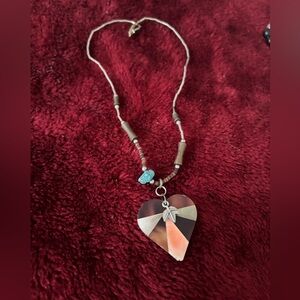 Handcrafted Heart Pendant Necklace with Inlay Accent - Blue and Copper Tones